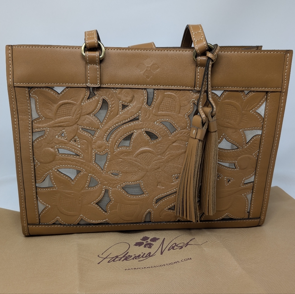 Women's Patricia Nash Gianella Leather & Mesh Cavo Cut Out Hazelnut Tote Bag